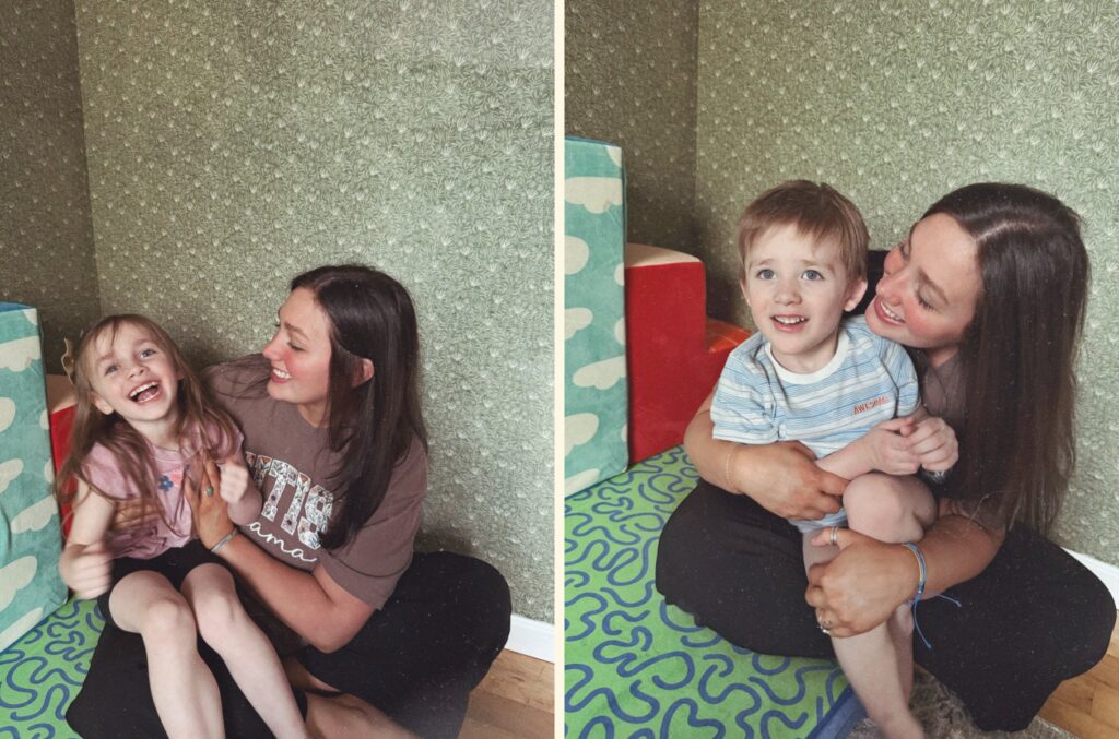Two photos side by side of an autism mom on a playroom floor, laughing with her young daughter in one and hugging her young son in the other