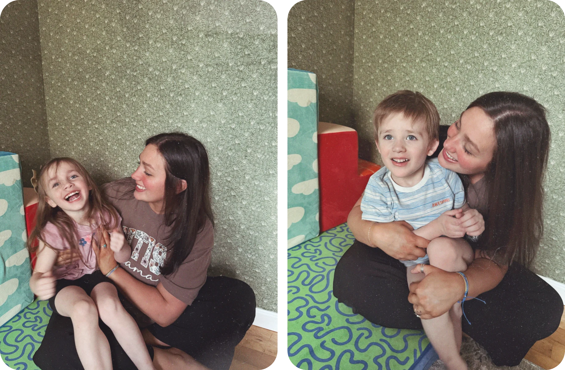 Two photos side by side of an autism mom on a playroom floor, laughing with her young daughter in one and hugging her young son in the other