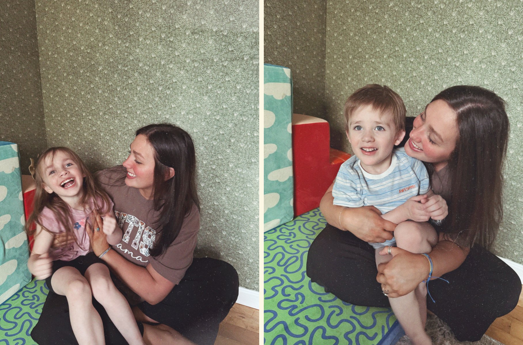 Two photos side by side of an autism mom on a playroom floor, laughing with her young daughter in one and hugging her young son in the other